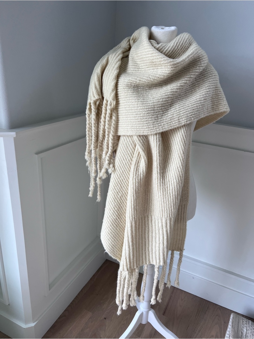Cream Ribbed Fringe scarf oversized